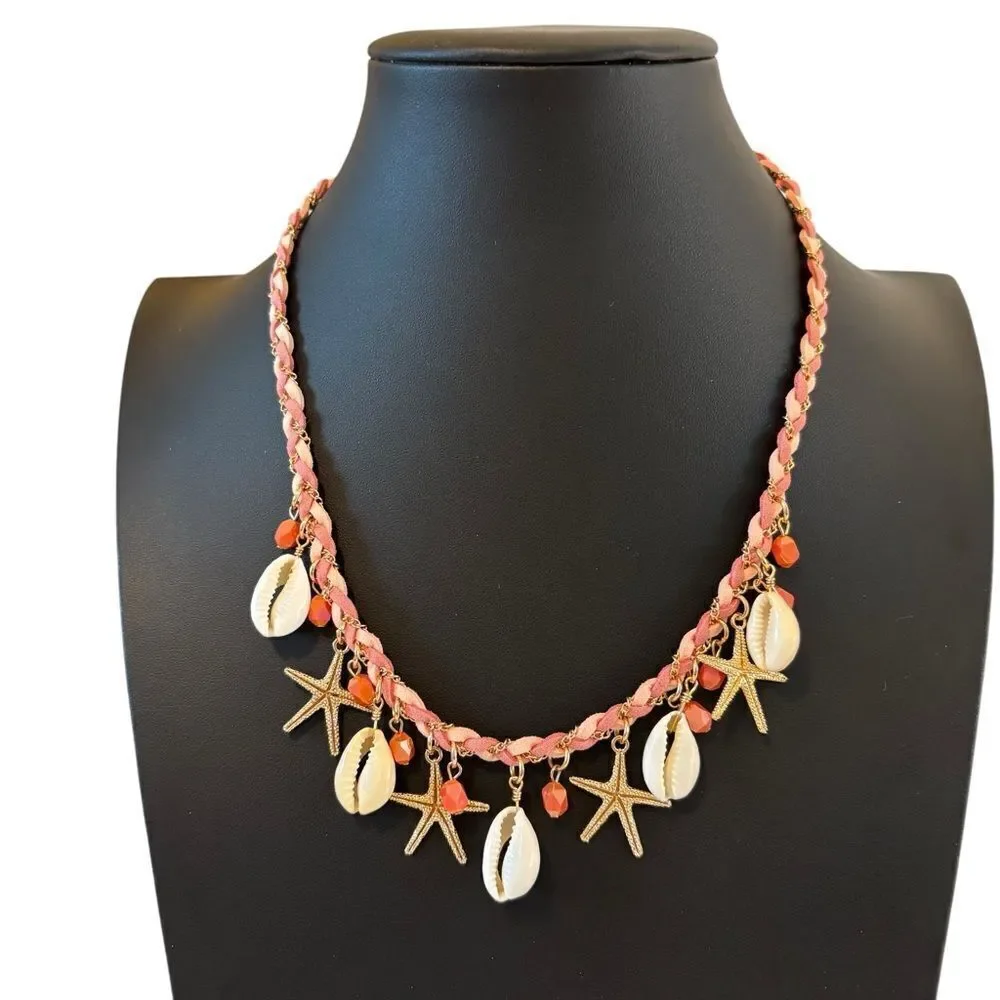 Sparkly Gold Tone Starfish and Shell Charm Necklace.
